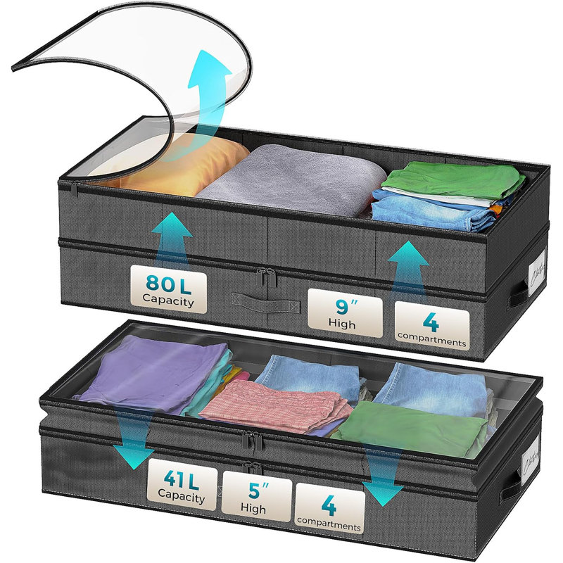 Contenants de rangement réglables sous le lit avec double couche, fenêtre transparente et côtés renforcés, Gris foncé