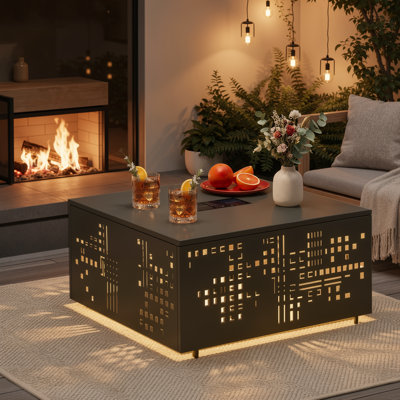 Modern 27.17" Square Outdoor Metal Coffee Table With Solar Light, No Assembly Required Cutout Design Patio Accent Table