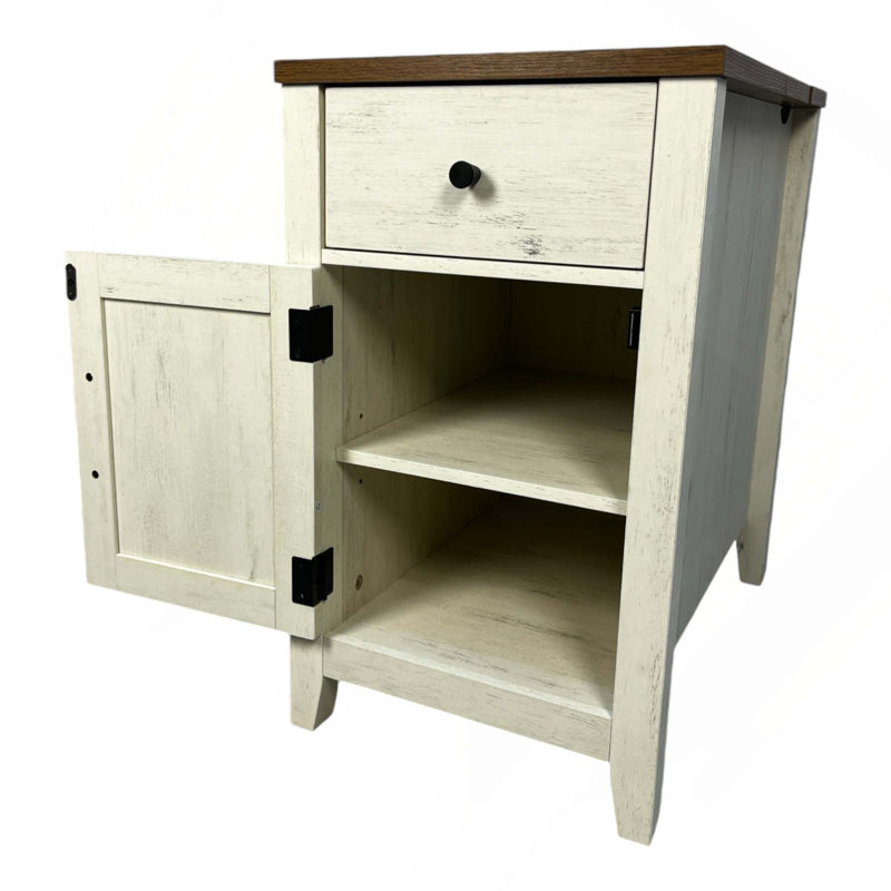 Farmhouse Barn Door End Table With Charging Station And Drawer For Bedroom Living Room, Brown/White
