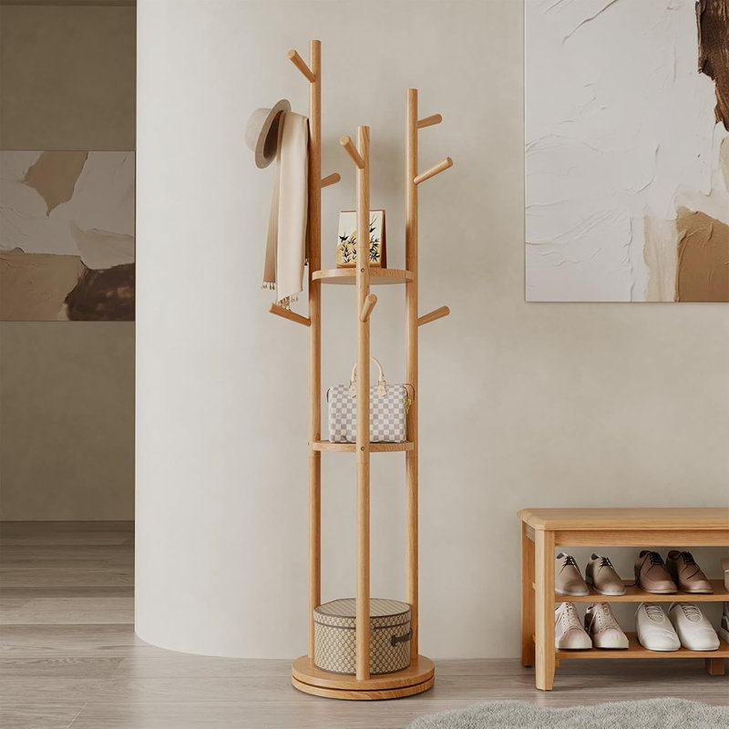 Portemanteau rotatif en bois, portemanteau autoportant avec 3 tablettes