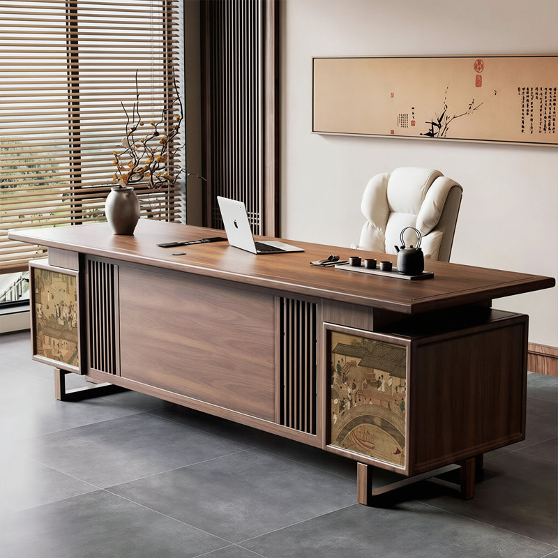 Bureau double 70,87 "en bois massif brun de style chinois, H 29,53 po x l 70,87 po x P 31,5 po