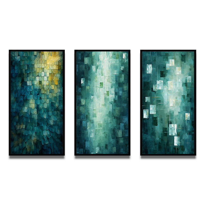 California Sunshine Retro Abstract Turquoise - Abstract Painting Art Set Of 3 Pieces, H 20 po x l 36 po, Cadre flottant noir