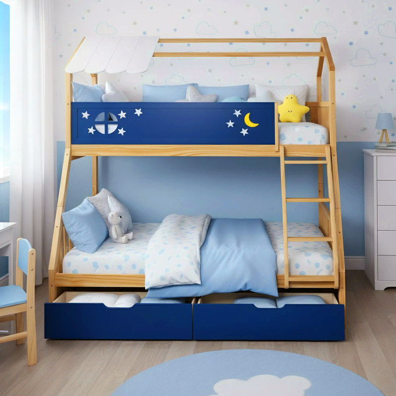 Twin Over Full Solid Wood House Bed for Kids With Drawers And Guardrail, Night Sky Inspired Design, Natural/Navy Blue/White
