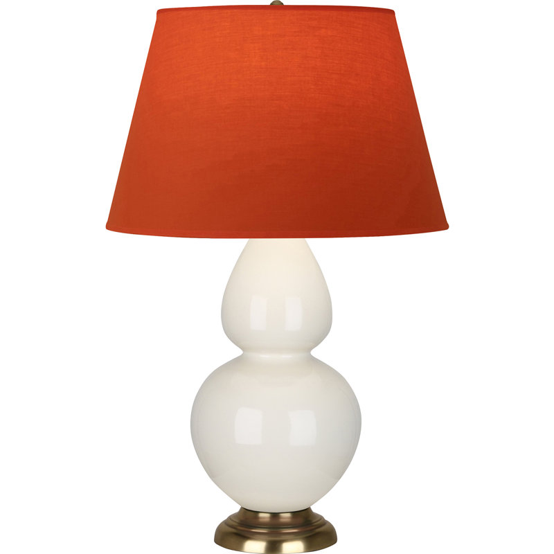 Lampe de table double gourde en céramique, Os verni / laiton, Tangerine / doublure taupe, Laiton