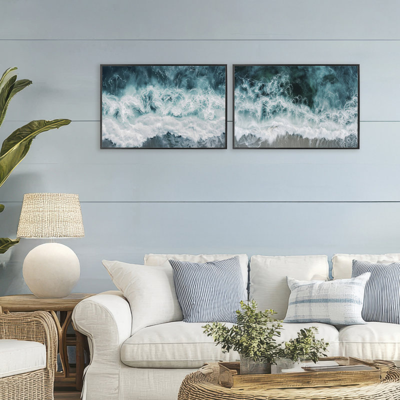 Ensemble de 2 giclées encadrées Hazy Water Waves, design par Lazar Studio, H 16 po x l 48 po, Giclée encadrée noir minuit
