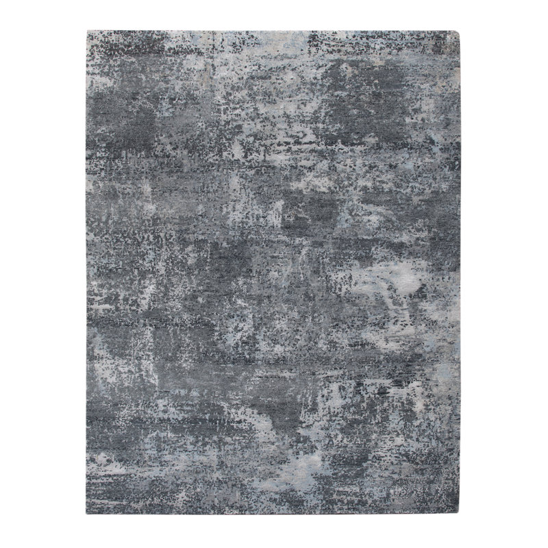Gray Abstract Hand-Knotted Wool and Viscose 8' x 10' Rug