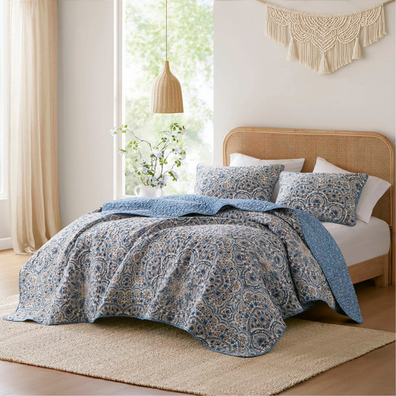 Courtepointe réversible à motif floral 3 pièces King Boho, Bleu