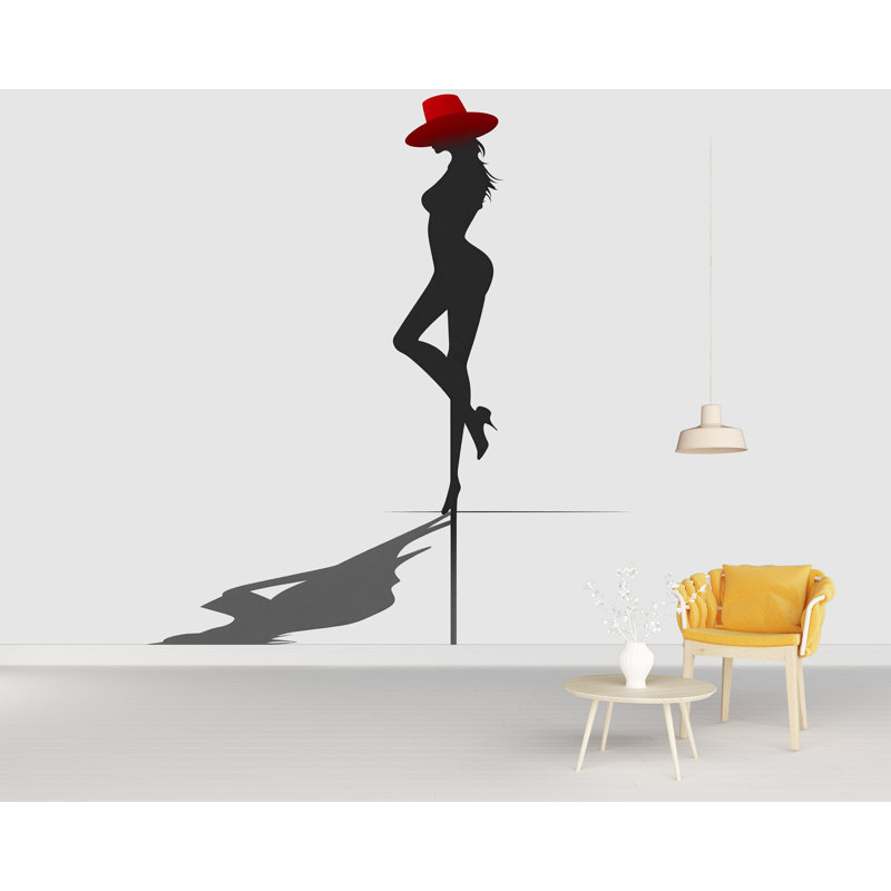 Décalcomanie murale mode femme avec chapeau rouge, décoration murale moderne glam, H 55 po x l 29 po