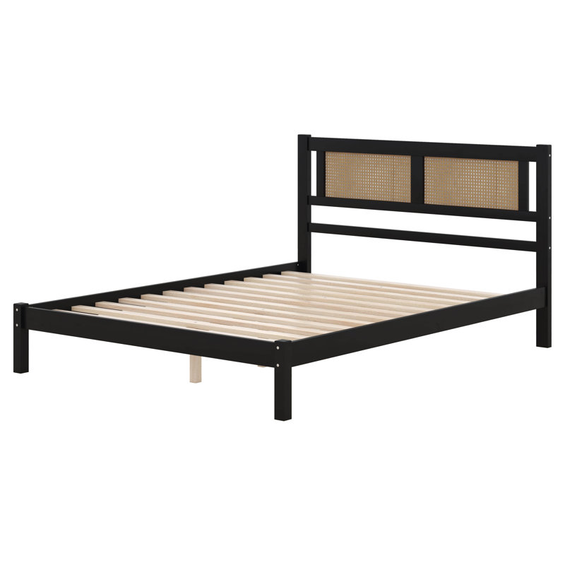 Lit plateforme double en bois avec tête de lit et tables de chevet en rotin naturel, Grand, Blanc / Naturel