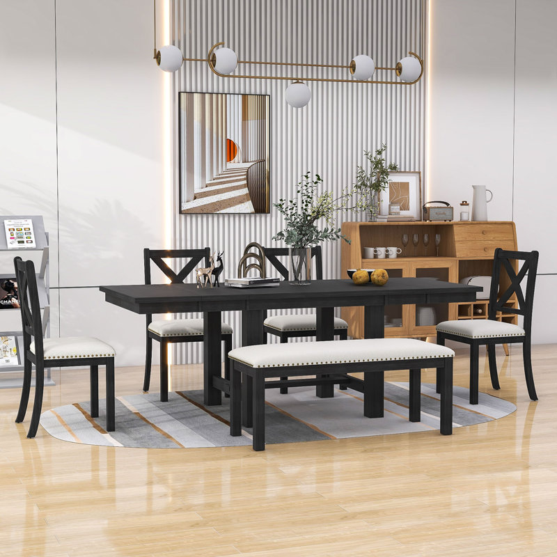 Stanely 6-Piece Extendable Dining Table with Footrest, 4 Linen Upholstered Dining Chairs and Bench, Black