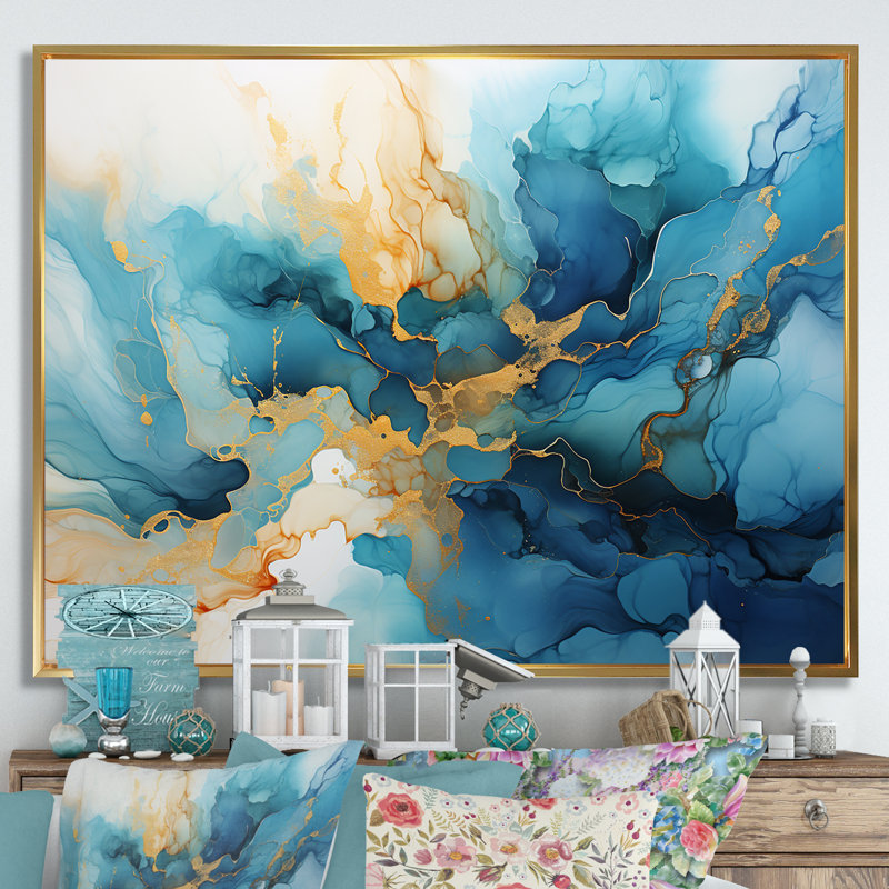 «Blue River», art mural bleu, Cadre flottant doré, H 12 po x l 20 po x P 1 po