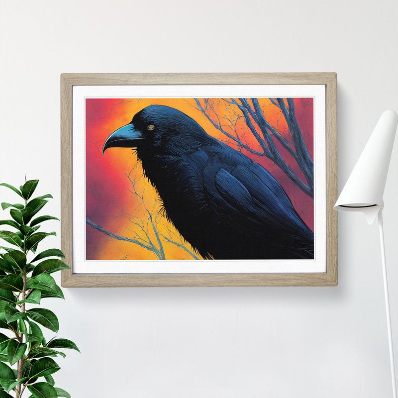 Beaming Raven Bird - Framed Print, 46cm H x 64cm W x 2cm D, Oak