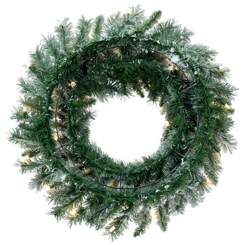 One Allium Way® 36" Flocked Utica Fir Artificial Wreath with 100 Warm White LED Mini Lights, 30" H x 30" W
