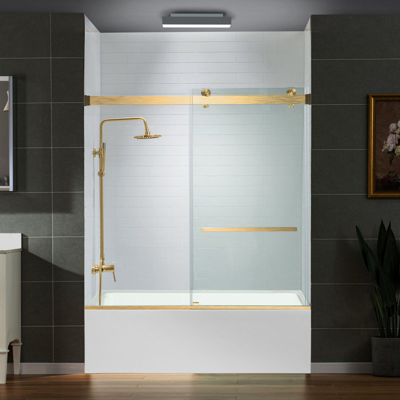 Frameless Bathtub Shower Doors 56-60" Width X 66" Height With 5/16"(8Mm) Clear Tempered Glass,  Double Sliding With Side Seal Strips