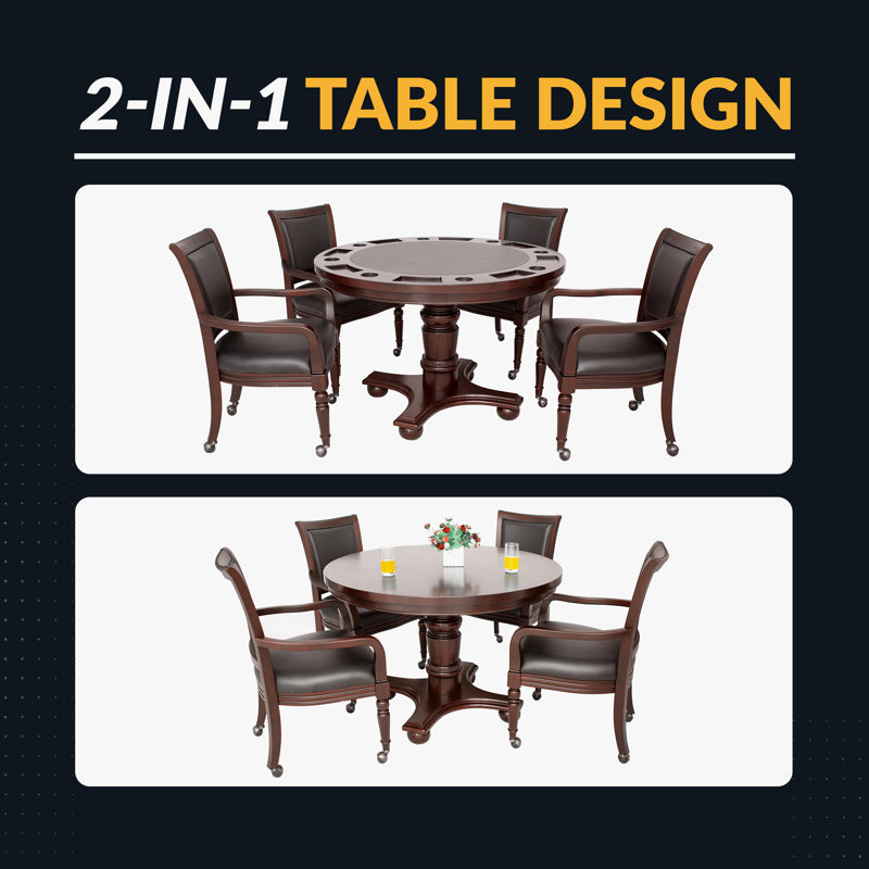 Ensemble de table de poker et de chaises rondes 2 en 1 Hathaway Bridgeport pour salle à manger et salle de jeux - Bois franc de qualité mobilier, pieds de piédestal robustes, porte-boissons, fentes pour jetons - Comprend 4 chaises de table de poker - noyer