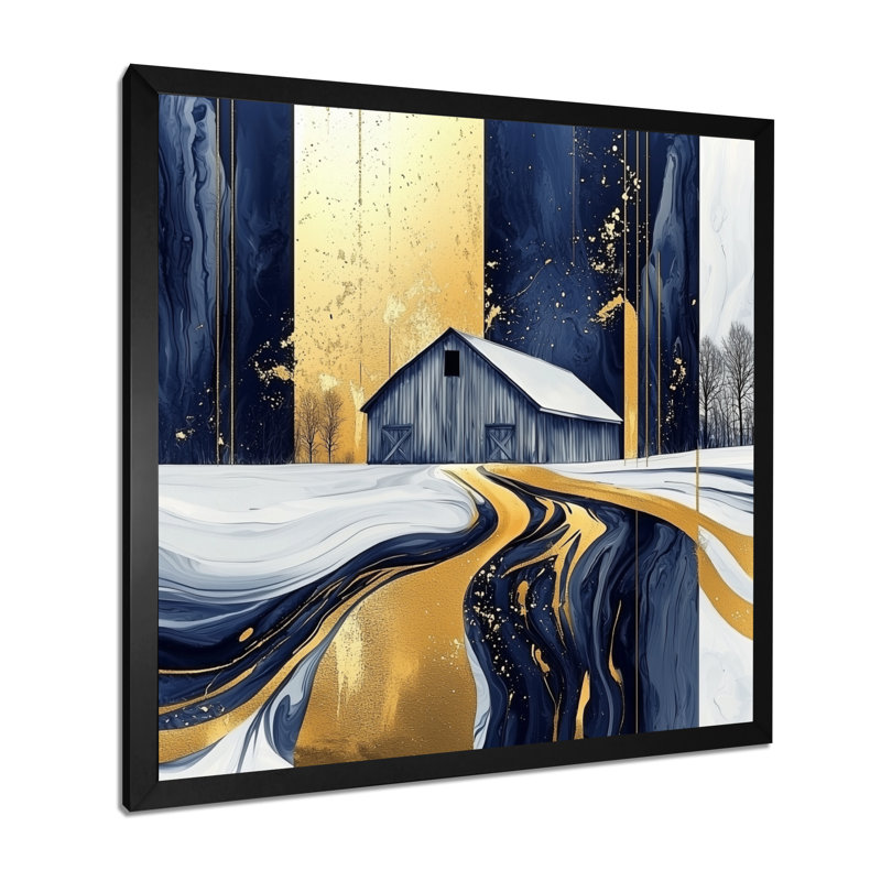 Abstrait bleu et or grange II - art mural grange, H 30 po x l 30 po, Reproduction encadrée, Noir