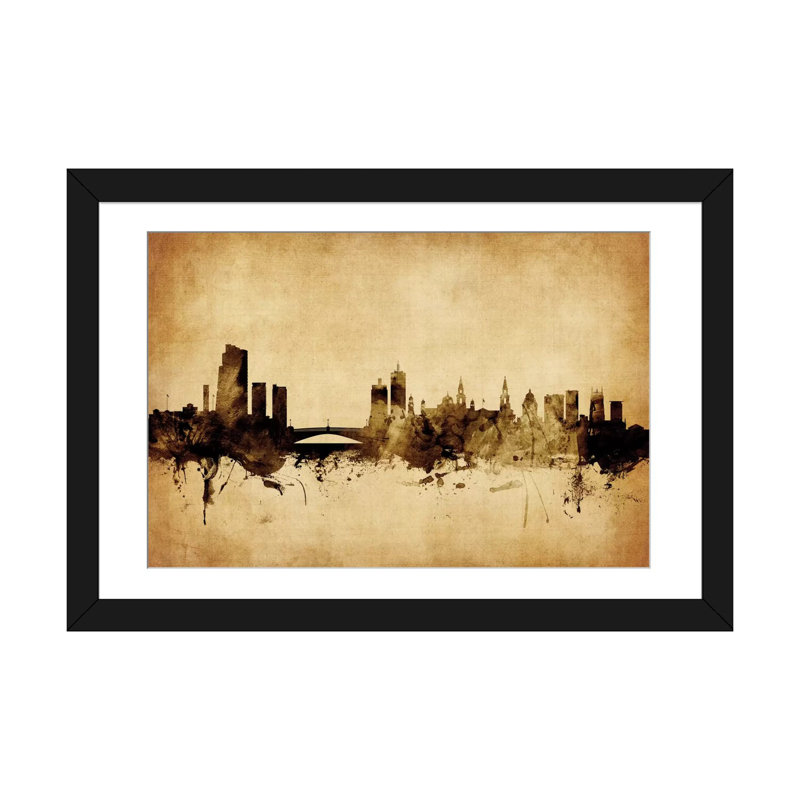 Foxed (Retro) Skyline Series: Leeds, Angleterre, Royaume-Uni, impression sur toile tendue, H 16 po x l 24 po x P 1 po, Blanc