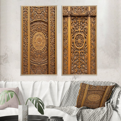 Vieille porte en bois sculpté V - ensemble d'art mural floral de porte de ferme de 2 pièces