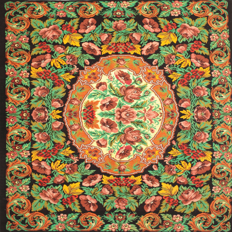 Tapis traditionnel orange / vert / rouge, Carré 8 pi