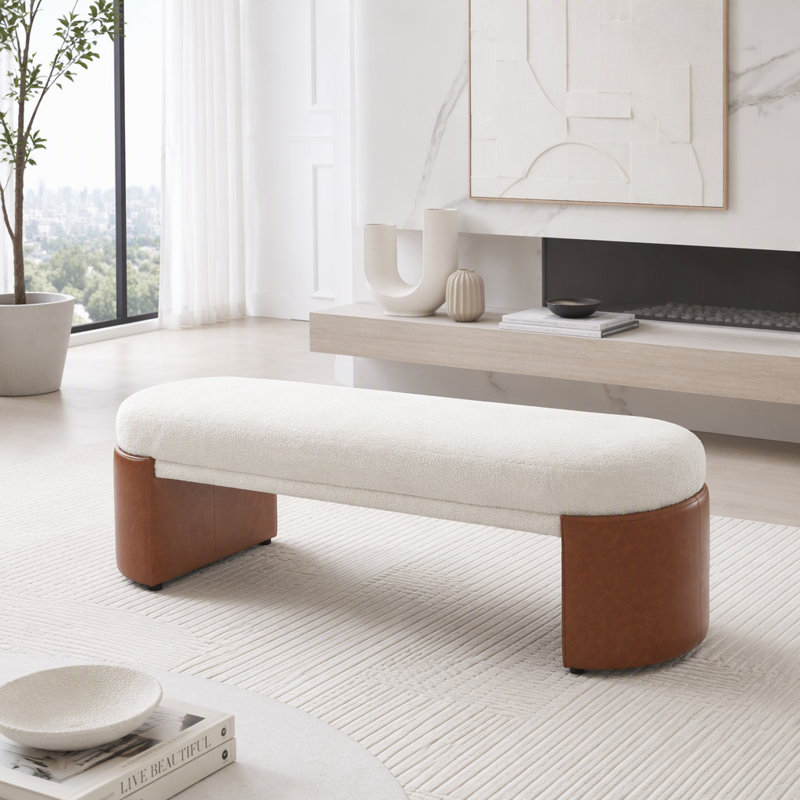 Banc de salle à manger rembourré, structure en caoutchouc et contreplaqué, Beige-Boucle - L 62,83 po