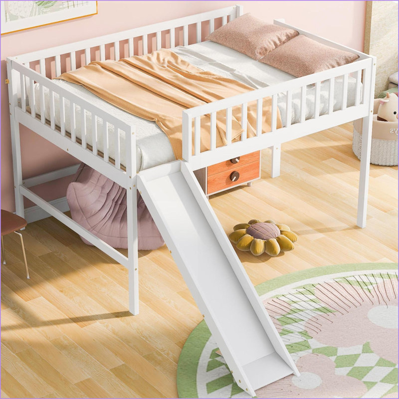 Lit mezzanine double en bois de pin avec glissade et amp; Échelle, blanc - aucun sommier requis, Blanc