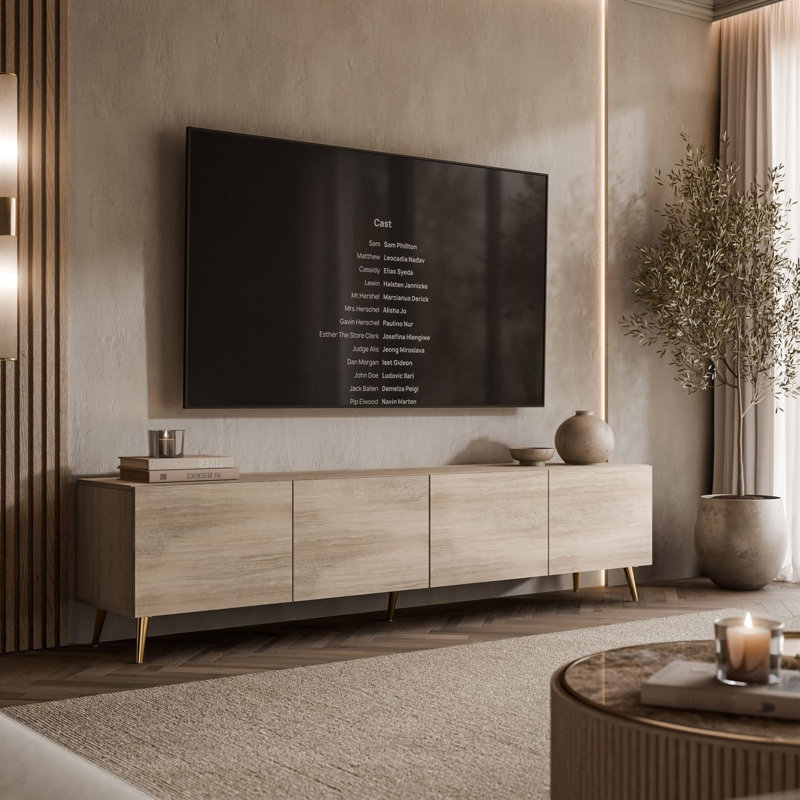 COLGANTE TRAVERTINE 200 cm TV Stand with Legs, Angled Gold Legs