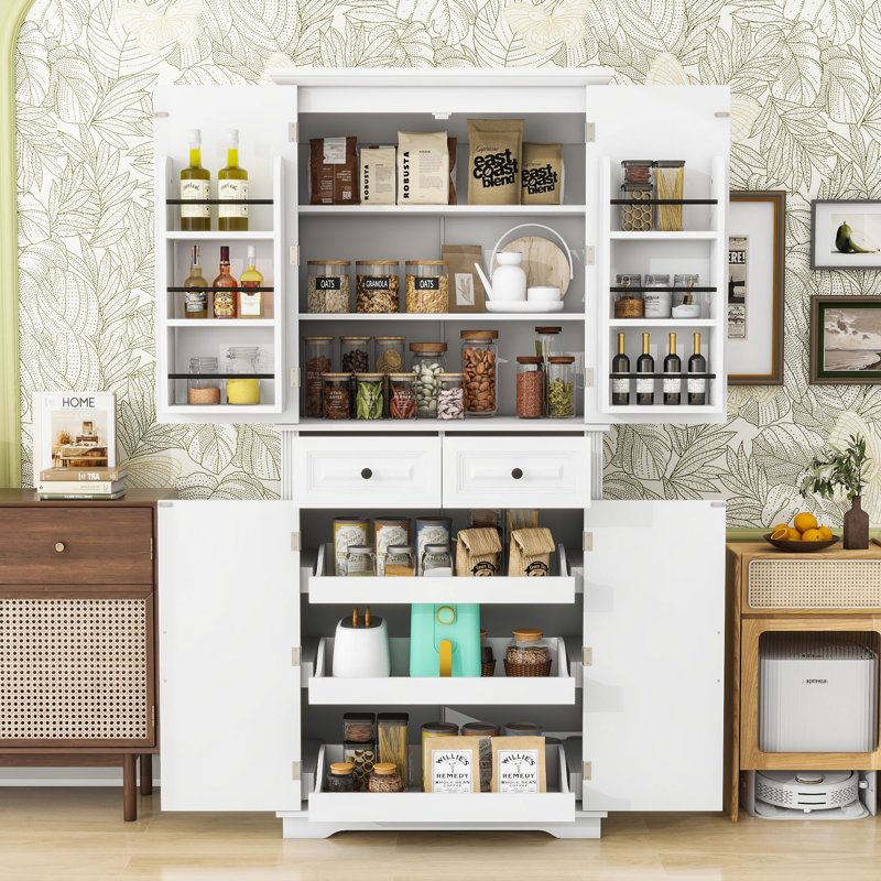 Grand garde-manger avec 3 organisateurs coulissants, 6 tablettes de porte, 2 tiroirs et tablettes réglables, Blanc
