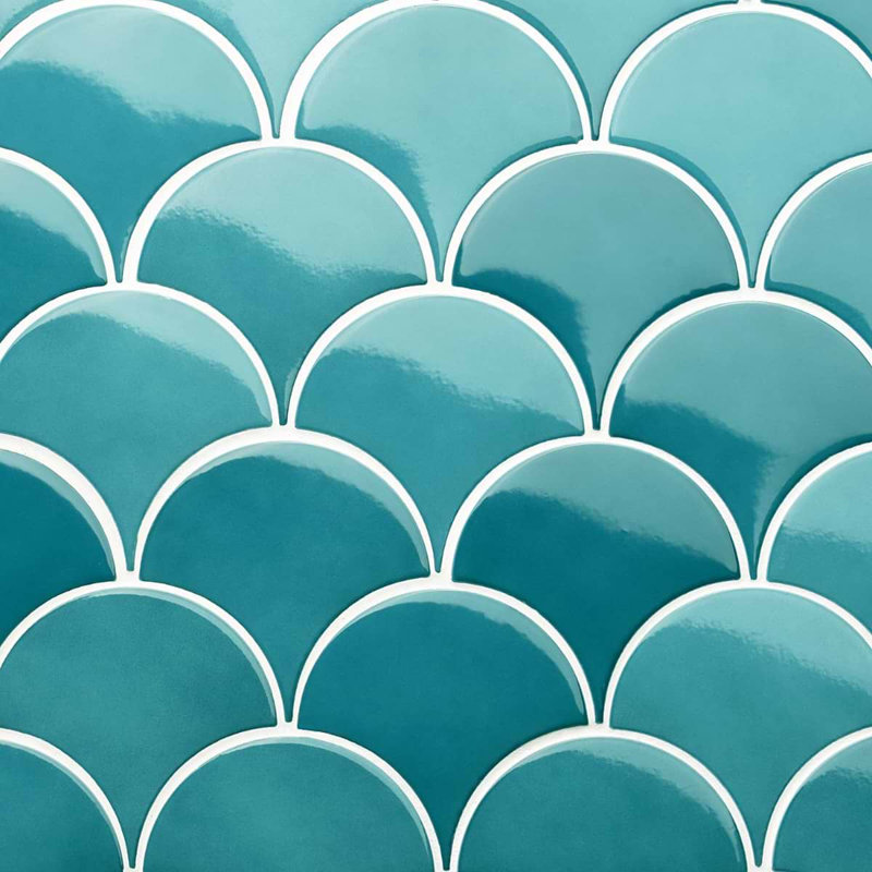 Highwater 5" Fish Scale Polished Ceramic Tile, Teal