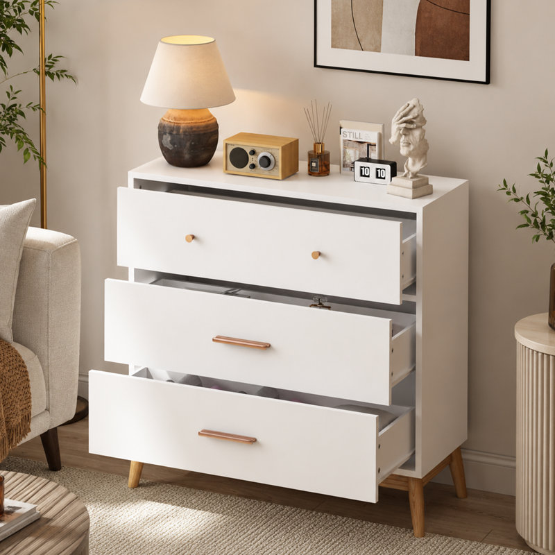 Armoire de rangement 3 tiroirs avec base en bois massif