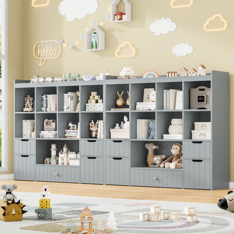 Castle White Bookshelf, 4-Tier Open Shelf Bookcase, 9 Cube Storage Organizer and 5 Drawers with Anti-Tilt Device, Freestanding Horizontal Bookshelf Cube Shelf for Bedroom, Living Room