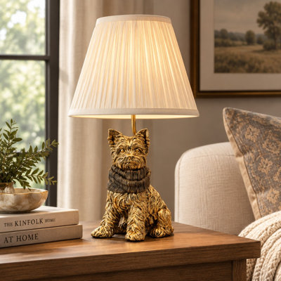 Geisler Decorative Yorkshire Terrier Table Lamp, Resin Dog Base with Fabric Shade, Accent Lamp for Bedroom, Living Room, Desk and Nightstand
