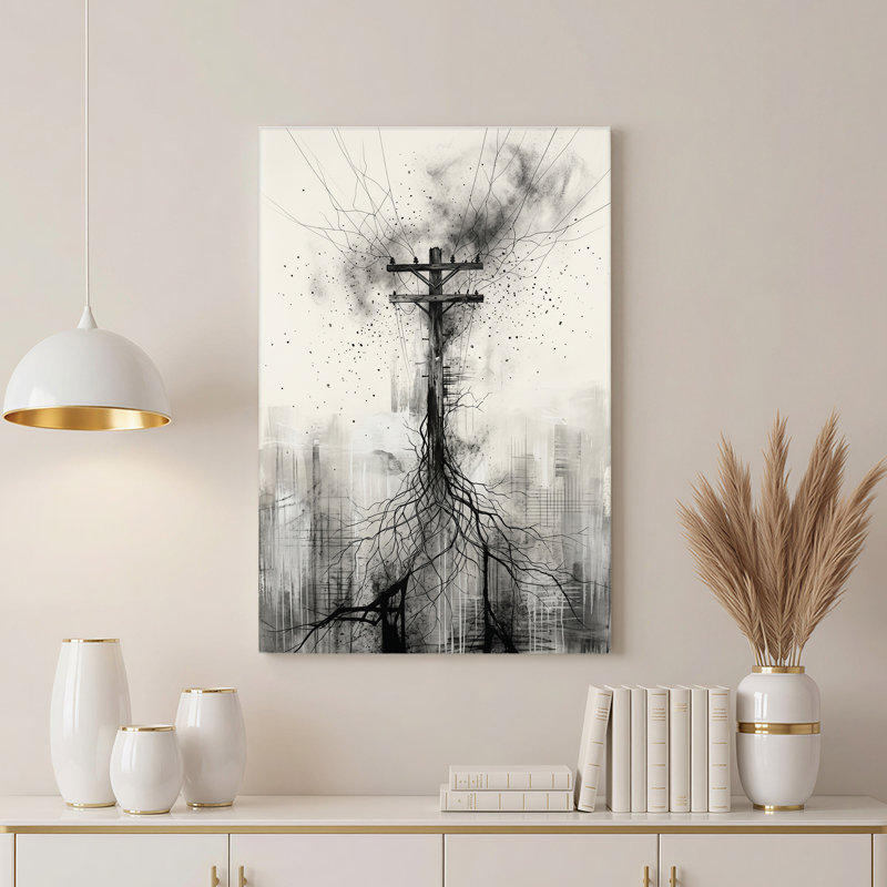 Art mural sur toile noir et blanc avec racines et fils abstraits, H 36 po x l 24 po