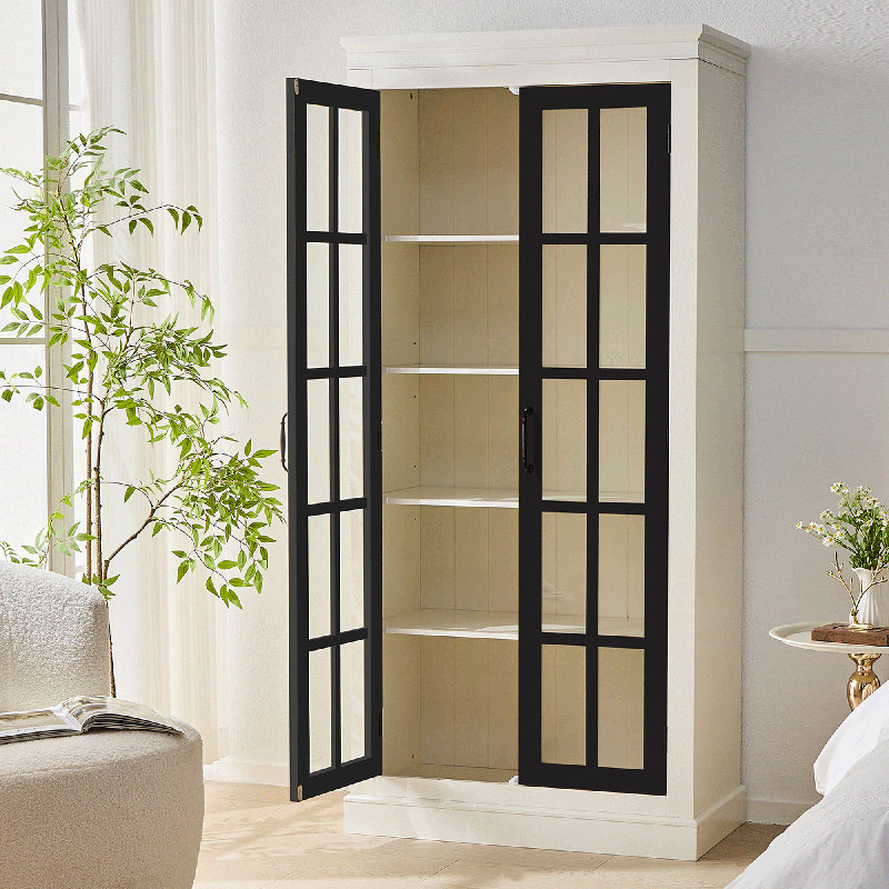 71.2" Freestanding Glass Door Pantry, Farmhouse Storage Display Cabinet, White