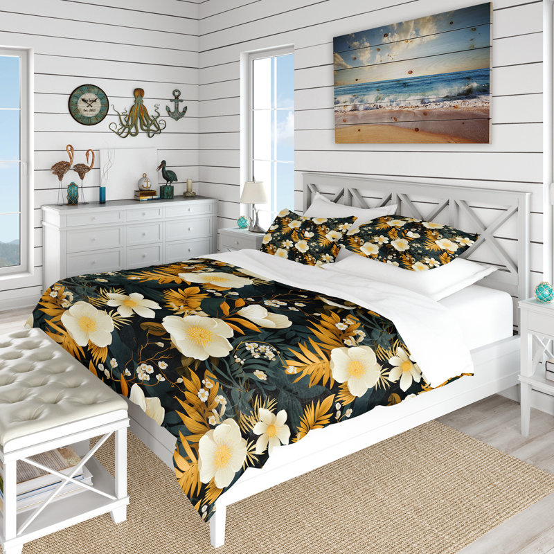Ensemble de housse de couette fleurs jaunes et vertes, Housse de couette pour très grand lit et 2 très