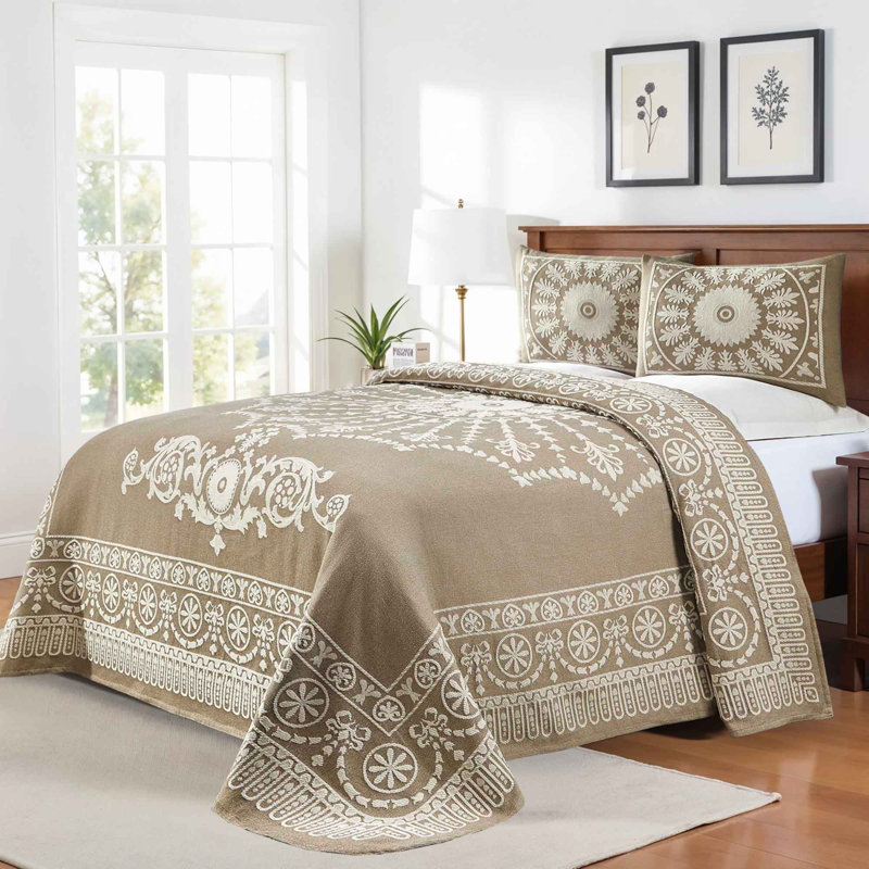 Ensemble de couvre-lit et de taies décoratives en mélange de coton jacquard The Nile Mills, Ivoire géométrique