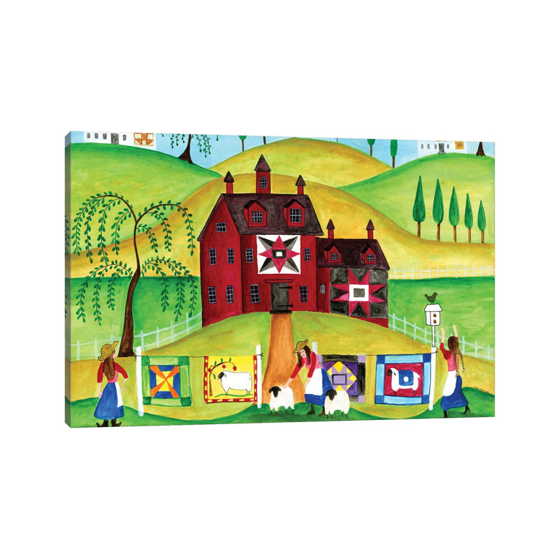 Red Barn Quilt House by Cheryl Bartley - Painting on Canvas, 45.72cm H x 66.04cm W x 3.81cm D, Wrapped Canvas