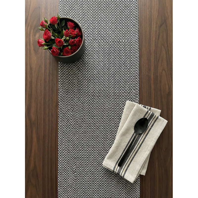 Black and White Herringbone Bay Indoor Outdoor Table Runner 14x72