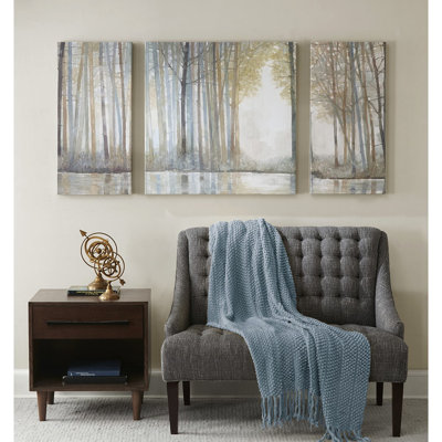 Forest Theme Decor - Serene Scenery And Hanging Accessories 3 Canvas In Cool Colours With Hooks