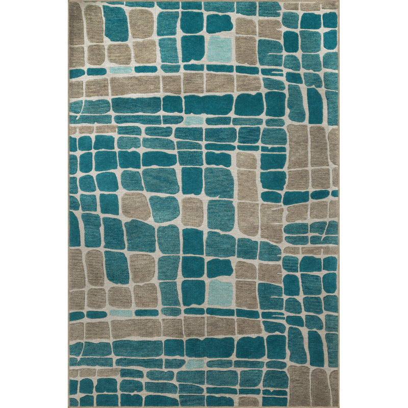 Tapis décoratif à motif géométrique bleu-gris, Rectangle 4 pi 7,12 po x 6 pi 6,74 po