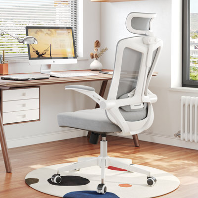 Chaise de bureau ergonomique robuste avec support lombaire et appui-tête réglables, chaise d'ordinateur pivotante à haut dossier, chaise de bureau en filet respirant, roues silencieuses en polyuréthane, chaise de travail à accoudoirs rabattables