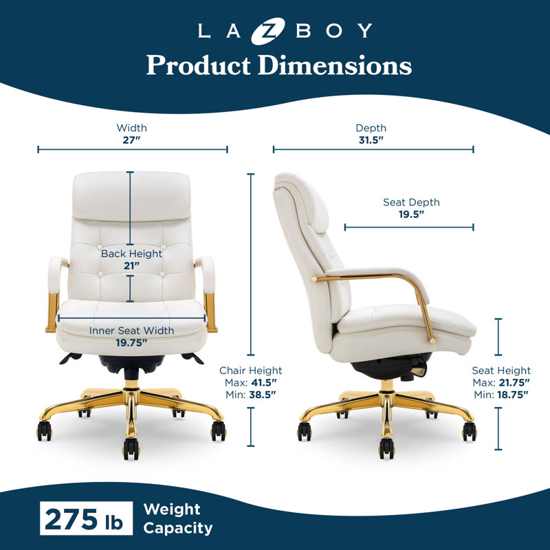 La-Z-Boy Sonata Executive Office Chair With Padded Arms, Bonded Leather, Gold, White