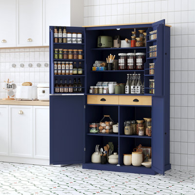 Armoire de cuisine autoportante de 102 x 51 x 181 cm de hauteur, avec 2 tiroirs, 2 tablettes réglables et 8 portes, bleue. Parfait pour la cuisine et la salle à manger.