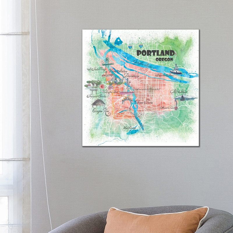 Portland Oregon USA Illustrated Map by Markus & Martina Bleichner - Painting on Canvas, 66.04cm H x 66.04cm W x 1.91cm D