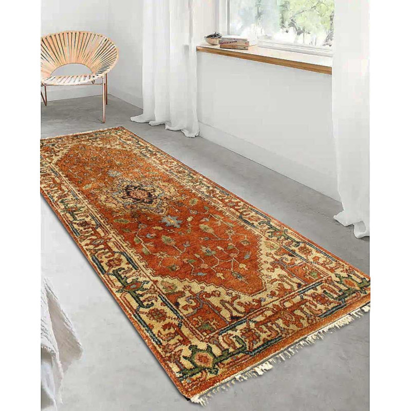 Tapis de couloir en laine et coton noué à la main de style oriental 2 pi 7 po x 6 pi rouille