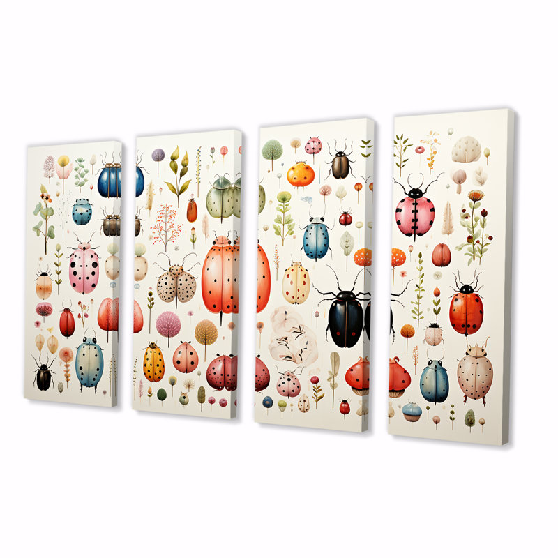 «Colorful Beetle Meadow - Insectes et insectes», art mural 4 pièces, H 28 po x l 48 po