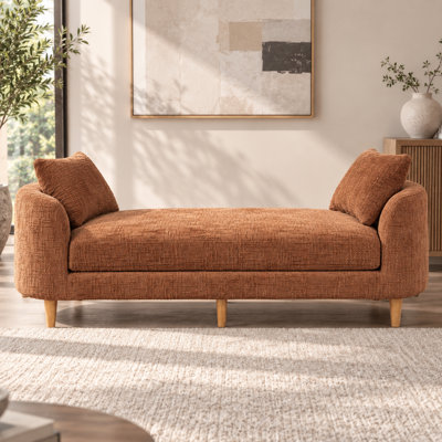 Banc sans dossier, capitonné en chenille, avec accoudoirs incurvés, style contemporain moderne, idéal pour chambre, salon et appartement.