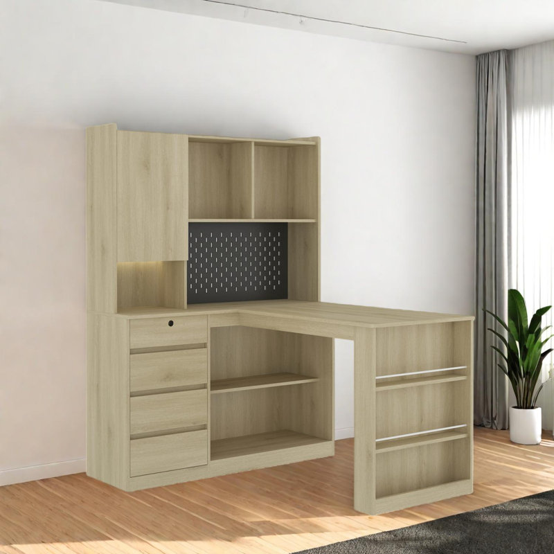 Modern L-Shaped Desk with Built-In Charger, LED Lights and Storage