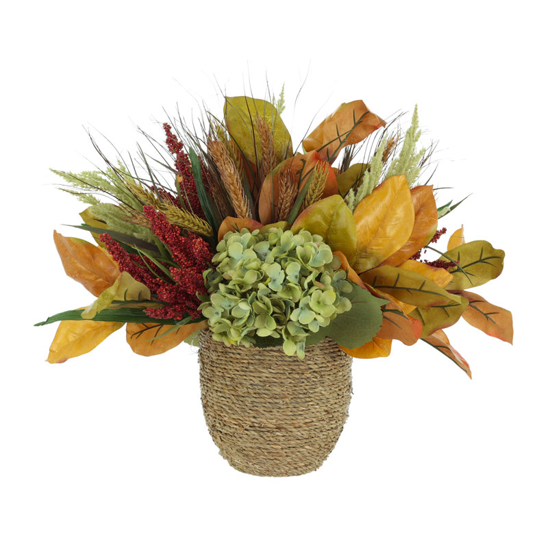 Hortensia Catron floral avec blé et bruyère en pot de corde
