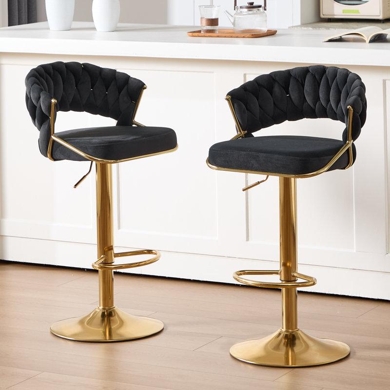 Ensemble de 2 tabourets de bar pivotants en velours, tabourets de bar à hauteur ajustable, base dorée moderne avec dossier tissé rembourré pour la salle à manger de comptoir de cuisine, noir