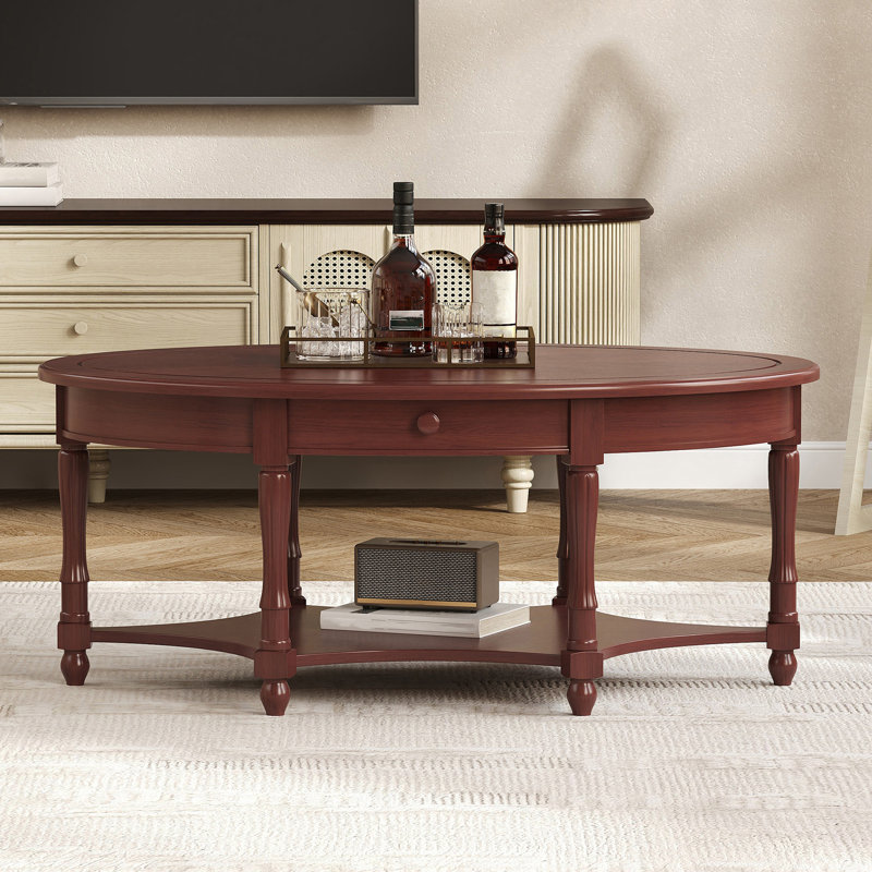 Table basse ovale avec tiroirs et tablettes, Cerisier